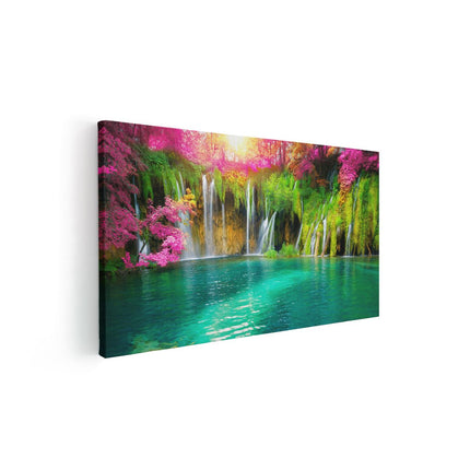 Canvas schilderij vooraanzicht Waterval Met Roze En Groene Bloemen