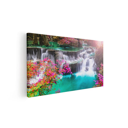 Canvas schilderij vooraanzicht Waterval In De Herfst Met Kleurrijke Bloemen