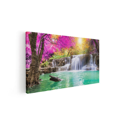 Canvas schilderij vooraanzicht Waterval Met Groen Water En Roze Bladeren