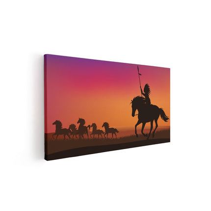 Canvas schilderij vooraanzicht Silhouet van een Indiaan op een Paard