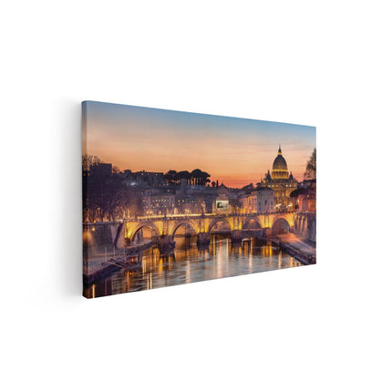 Canvas schilderij vooraanzicht Engelenbrug in Rome bij Zonsondergang