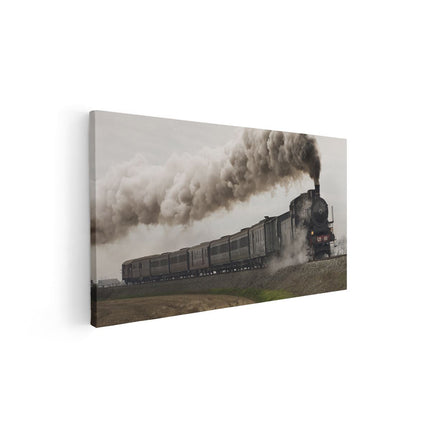 Canvas schilderij vooraanzicht Locomotief Trein met Rook Wolken