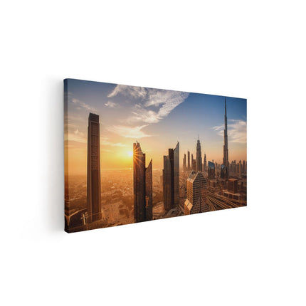 Canvas schilderij vooraanzicht Dubai Stad bij Zonsopgang