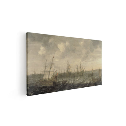 Canvas schilderij vooraanzicht De Hollandse Haringvloot onder Zeil - Cornelis Beelt