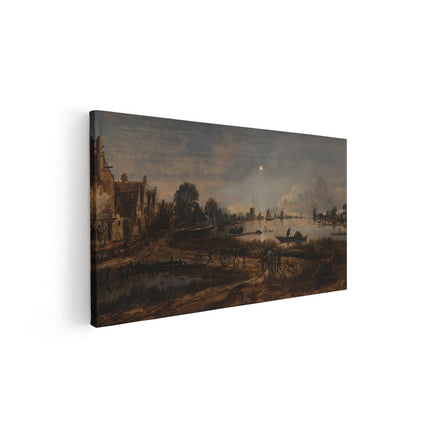 Canvas schilderij vooraanzicht Riviergezicht bij Maanlicht - Aert van der Neer