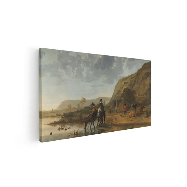 Canvas schilderij vooraanzicht Rivierlandschap met Ruiters - Aelbert Cuyp