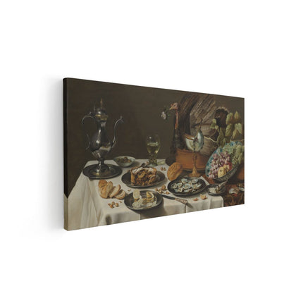 Canvas schilderij vooraanzicht Stilleven met Kalkoenpastei - Pieter Cleasz