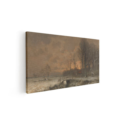 Canvas schilderij vooraanzicht Wintergezicht met Ondergaande Zon tussen Geboomte - Louis Apol