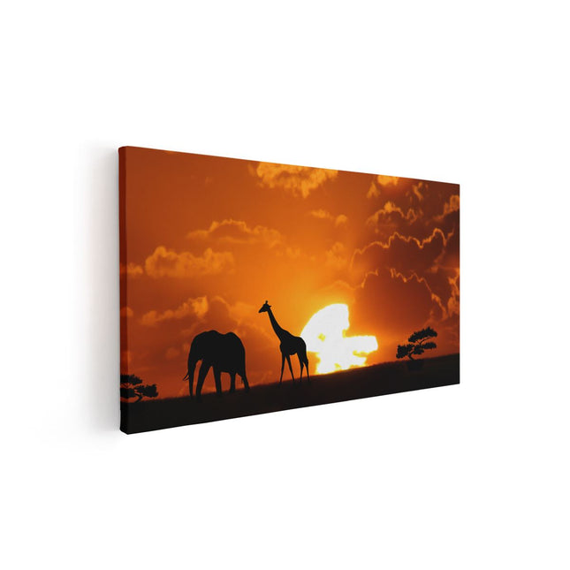 Canvas schilderij vooraanzicht Afrikaaanse Dieren bij Zonsondergang