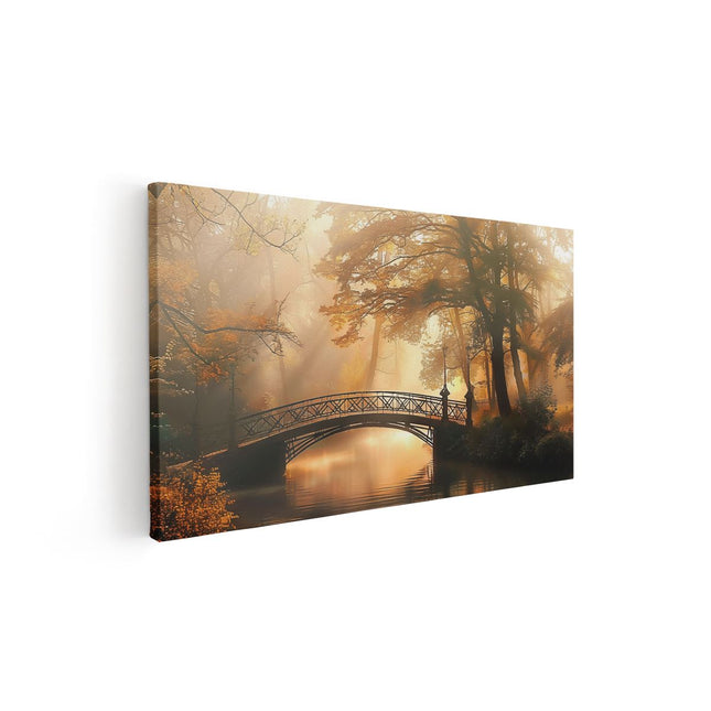 Canvas schilderij vooraanzicht Brug over een Rivier in een Bos