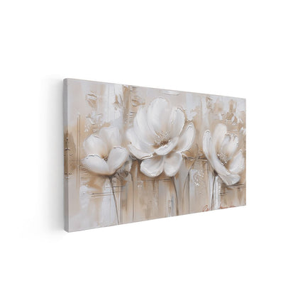 Canvas schilderij vooraanzicht Drie Witte Bloemen op een Beige Achtergrond