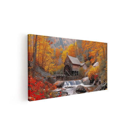 Canvas schilderij vooraanzicht Herfsttafereel met een Molen en een Waterval