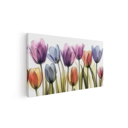 Canvas schilderij vooraanzicht Kleurrijke Tulpen op een Witte Achtergrond