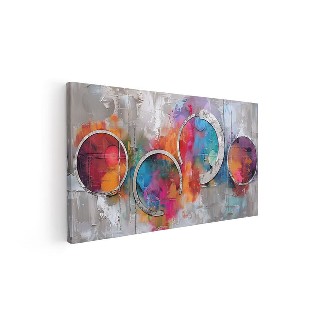 Canvas schilderij vooraanzicht Kunstwerk met Kleurrijke Cirkels op een Grijze Achtergrond