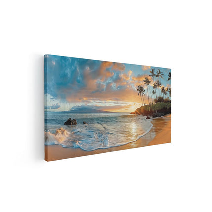 Canvas schilderij vooraanzicht Strand met Palmbomen en een Zonsondergang