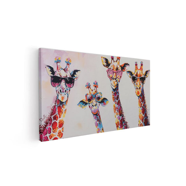 Canvas schilderij vooraanzicht Drie Giraffen met een Zonnebril