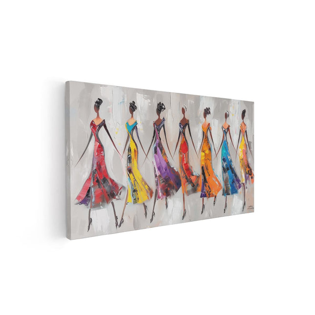Canvas schilderij vooraanzicht Kunstwerk van een Groep Vrouwen in Kleurrijke Jurken