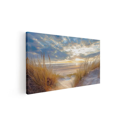 Canvas schilderij vooraanzicht Zandduinen en een Strand bij Zonsondergang