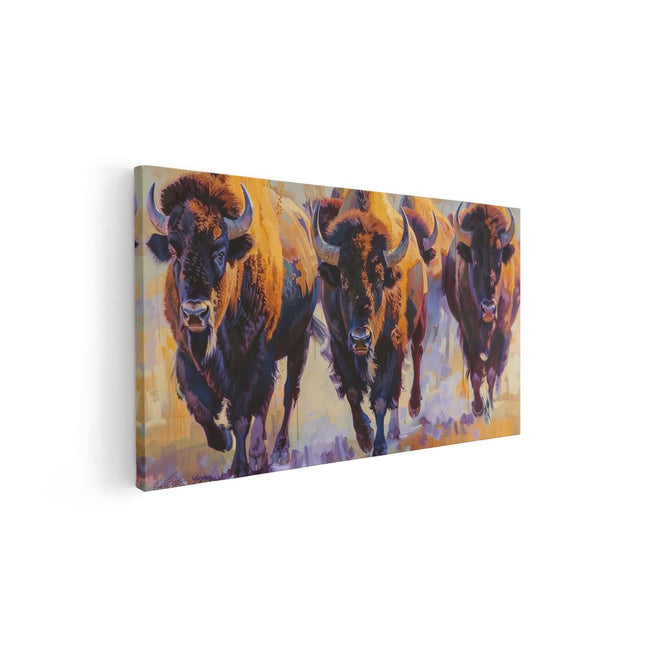 Canvas schilderij vooraanzicht Kunstwerk van een Groep Rennende Bizons