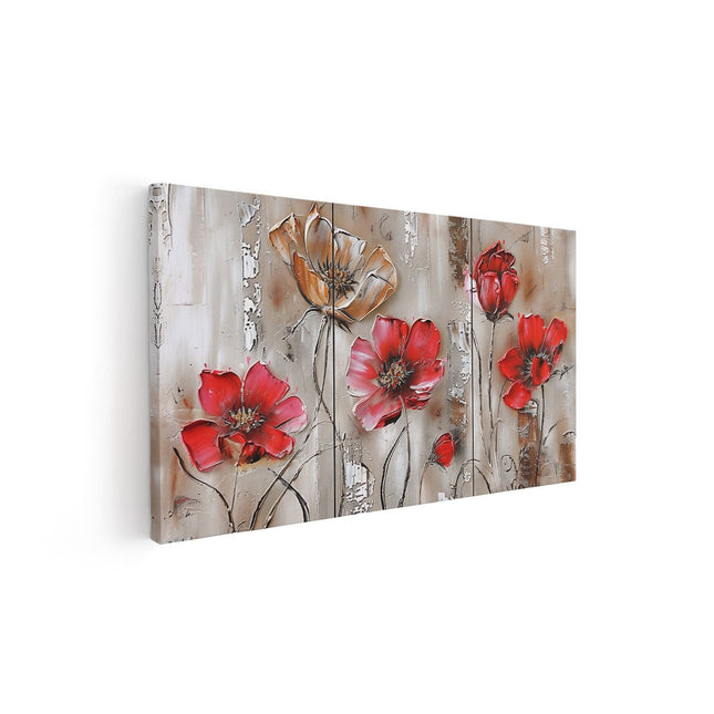 Canvas schilderij vooraanzicht Drie Schilderijen van Rode Bloemen op een Houten Muur