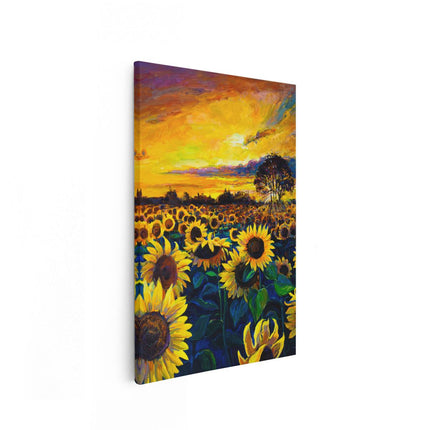 Canvas schilderij vooraanzicht Getekende Zonnebloemen Veld Met Olieverf