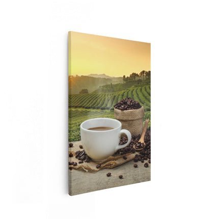 Canvas schilderij vooraanzicht Kopje Koffie Op Een Plantage Achtergrond6