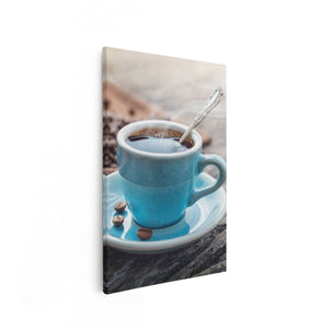 Canvas schilderij vooraanzicht Blauw Kopje Koffie Met Koffiebonen
