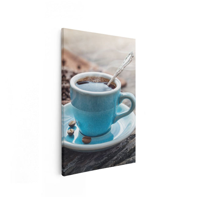 Canvas schilderij vooraanzicht Blauw Kopje Koffie Met Koffiebonen