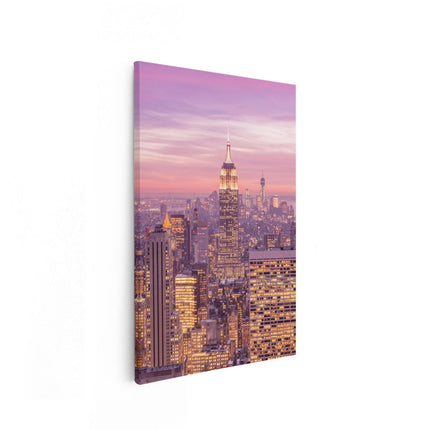 Canvas schilderij vooraanzicht New York Skyline Met Lichten Bij Zonsondergang