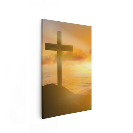 Canvas schilderij vooraanzicht Kruis van Jezus Christus bij Zonsondergang