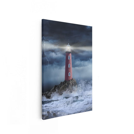 Canvas schilderij vooraanzicht Vuurtoren op een Storm Zee met Golfen Water