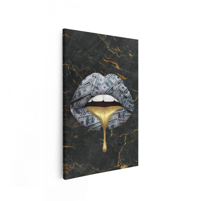 Canvas schilderij vooraanzicht Dollar Lippen Met Gesmolten Goud