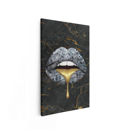 Canvas schilderij vooraanzicht Dollar Lippen Met Gesmolten Goud