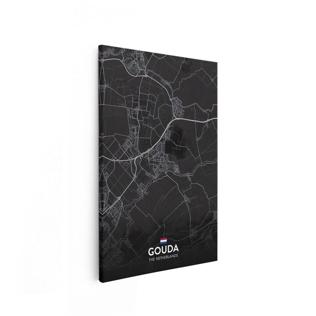 Canvas schilderij vooraanzicht Stadskaart Gouda in het Zwart