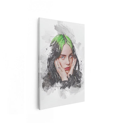 Canvas schilderij vooraanzicht Billie Eilish met Groen Haar