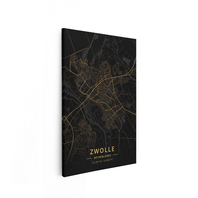 Canvas schilderij vooraanzicht Stadskaart Zwolle in het Goud en Zwart