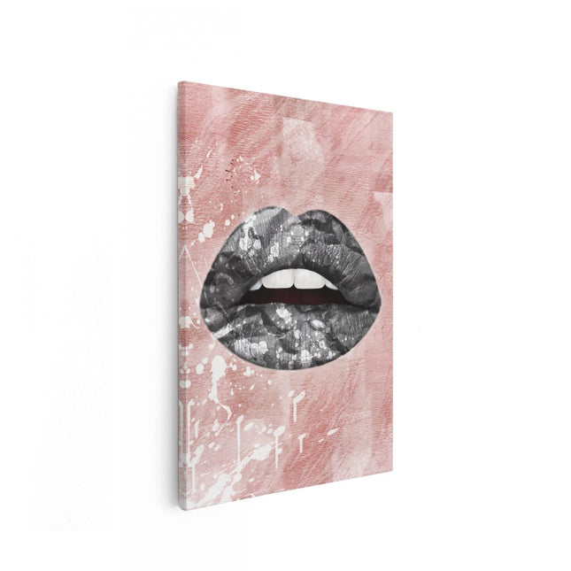 Canvas schilderij vooraanzicht Donkere Lippen op een Roze Achtergrond