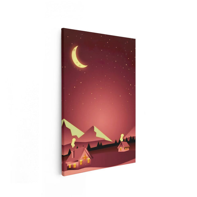 Canvas schilderij vooraanzicht Twee Rode Getekende Huisjes met Rook in de Nacht