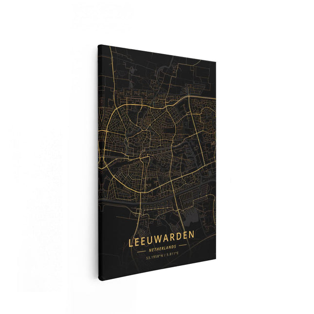 Canvas schilderij vooraanzicht Stadskaart Leeuwarden in het Zwart en Goud