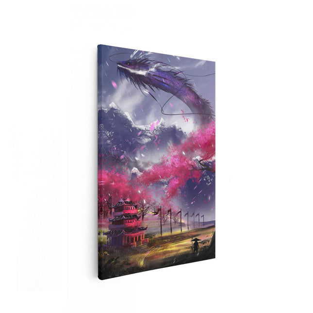 Canvas schilderij vooraanzicht Fantasie Draak bij een Japanse Tempel in de Bergen
