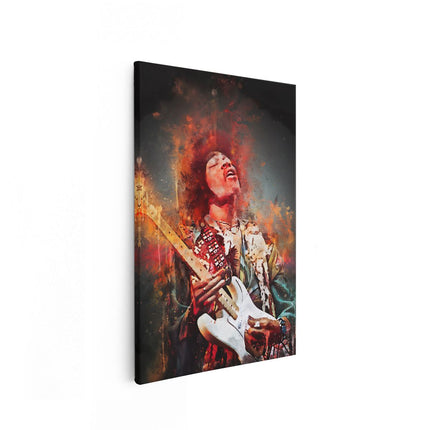 Canvas schilderij vooraanzicht Jimi Hendrix met zijn Gitaar op Olieverf