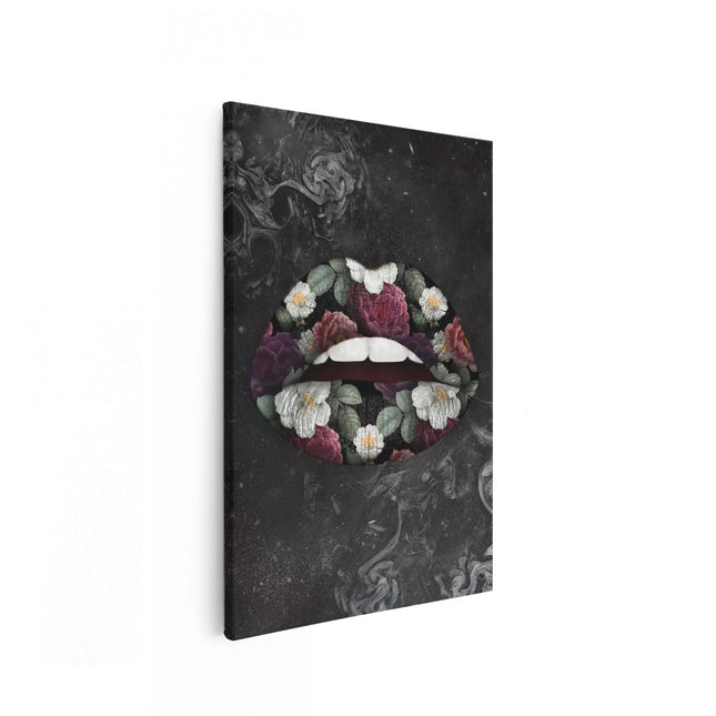 Canvas schilderij vooraanzicht Bloemen Lippen op een Zwart Achtergrond