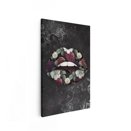 Canvas schilderij vooraanzicht Bloemen Lippen op een Zwart Achtergrond