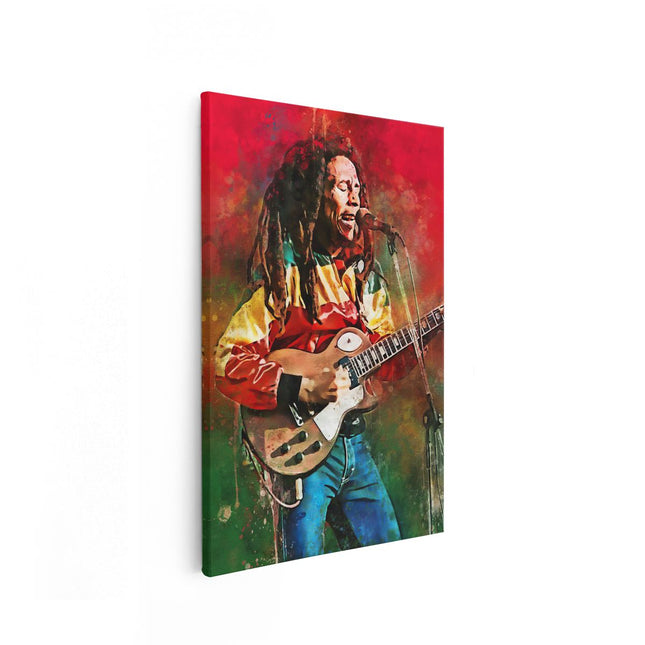 Canvas schilderij vooraanzicht Bob Marley met zijn Gitaar in Olieverf