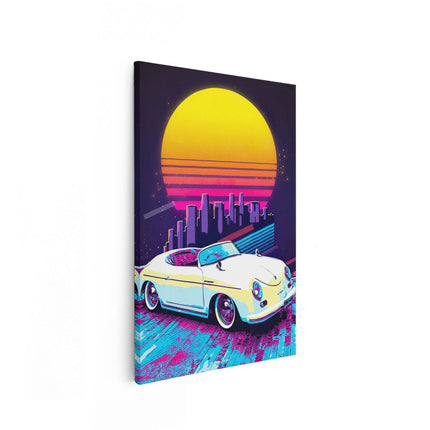 Canvas schilderij vooraanzicht Retro Auto in de Stad bij Zonsondergang