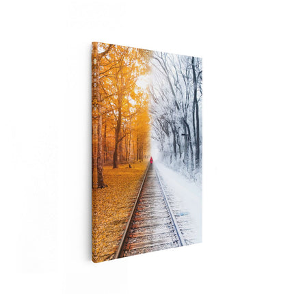 Canvas schilderij vooraanzicht Trein Rails in de Herfst en Winter