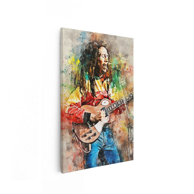 Canvas schilderij vooraanzicht Bob Marley met zijn Gitaar in Olieverf