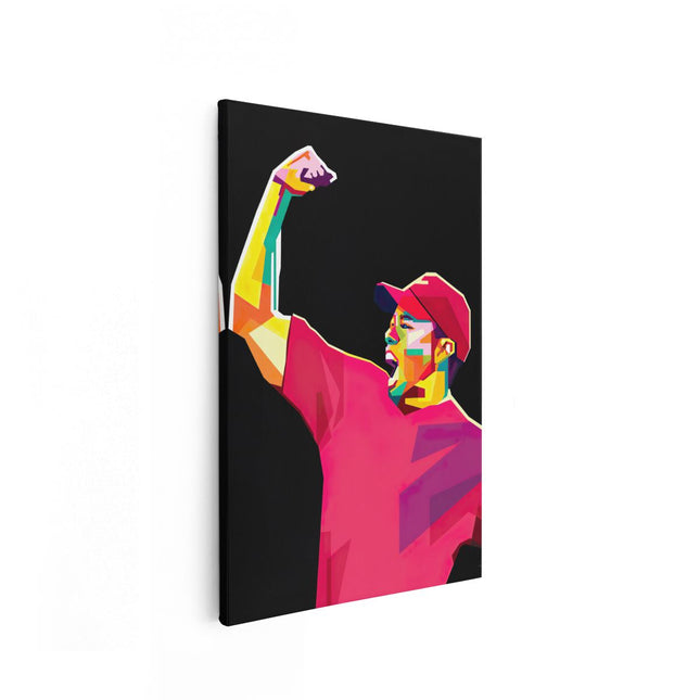Canvas schilderij vooraanzicht Tiger Woods in Abstracte Kleuren