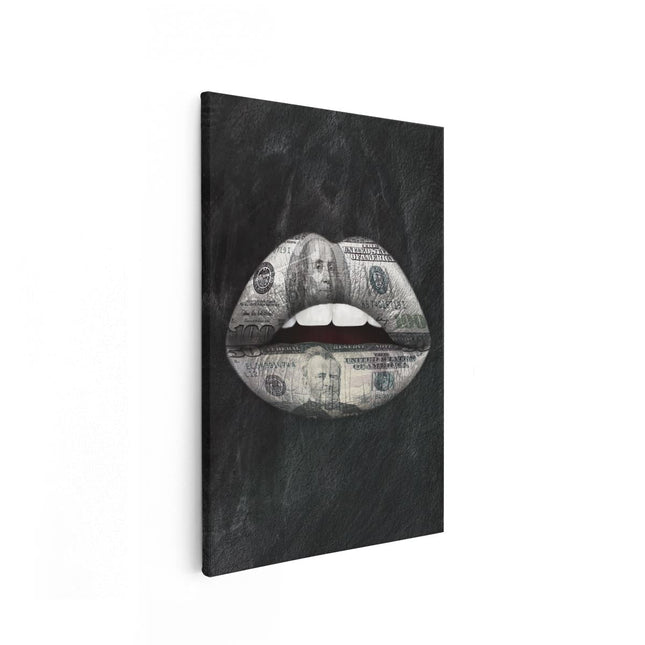 Canvas schilderij vooraanzicht Dollar Lippen op het Zwart