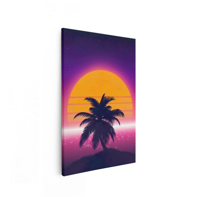 Canvas schilderij vooraanzicht Getekende Palmboom bij Zonsondergang 